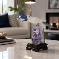 Natural Quartz & Sodalite Crystal Bird Figurine on Amethyst Cluster Base for Protection & Positivity Harmony, 9x18 cm, 0.989 kg
