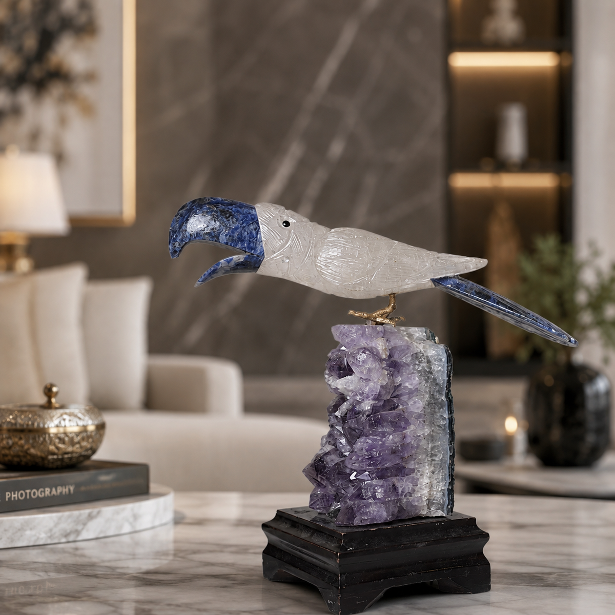 Natural Quartz & Sodalite Crystal Bird Figurine on Amethyst Cluster Base for Protection & Positivity Harmony, 9x18 cm, 0.989 kg