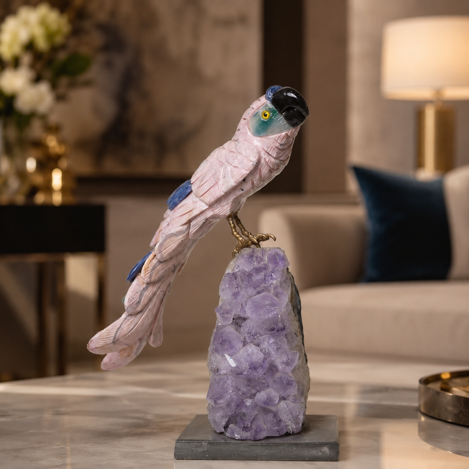 Natural Rose Quartz Crystal Bird Figurine on Amethyst Cluster Base for Protection & Positivity Harmony, 9x21 cm, 1.513 kg