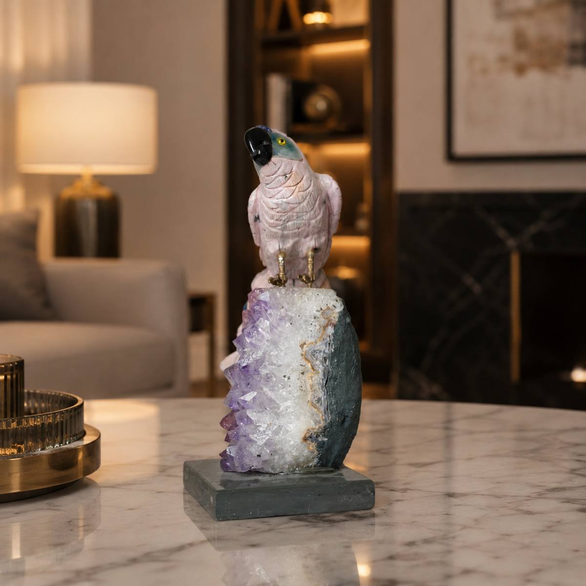 Natural Rose Quartz Crystal Bird Figurine on Amethyst Cluster Base for Protection & Positivity Harmony, 9x21 cm, 1.513 kg