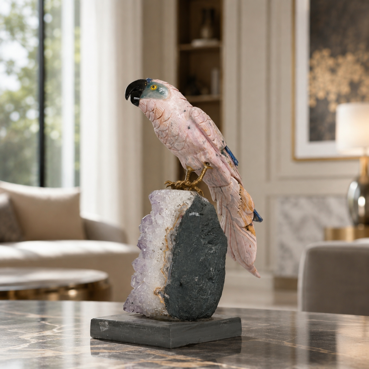 Natural Rose Quartz Crystal Bird Figurine on Amethyst Cluster Base for Protection & Positivity Harmony, 9x21 cm, 1.513 kg