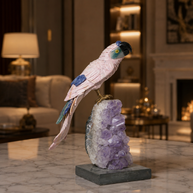 Natural Rose Quartz Crystal Bird Figurine on Amethyst Cluster Base for Protection & Positivity Harmony, 9x21 cm, 1.513 kg