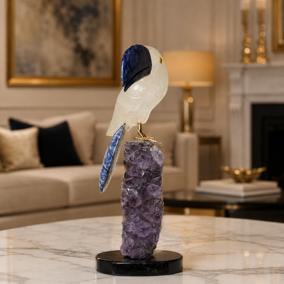 Natural Quartz & Sodalite Crystal Bird Figurine on Amethyst Cluster Base for Protection & Positivity Harmony, 9x26 cm, 1.533 kg