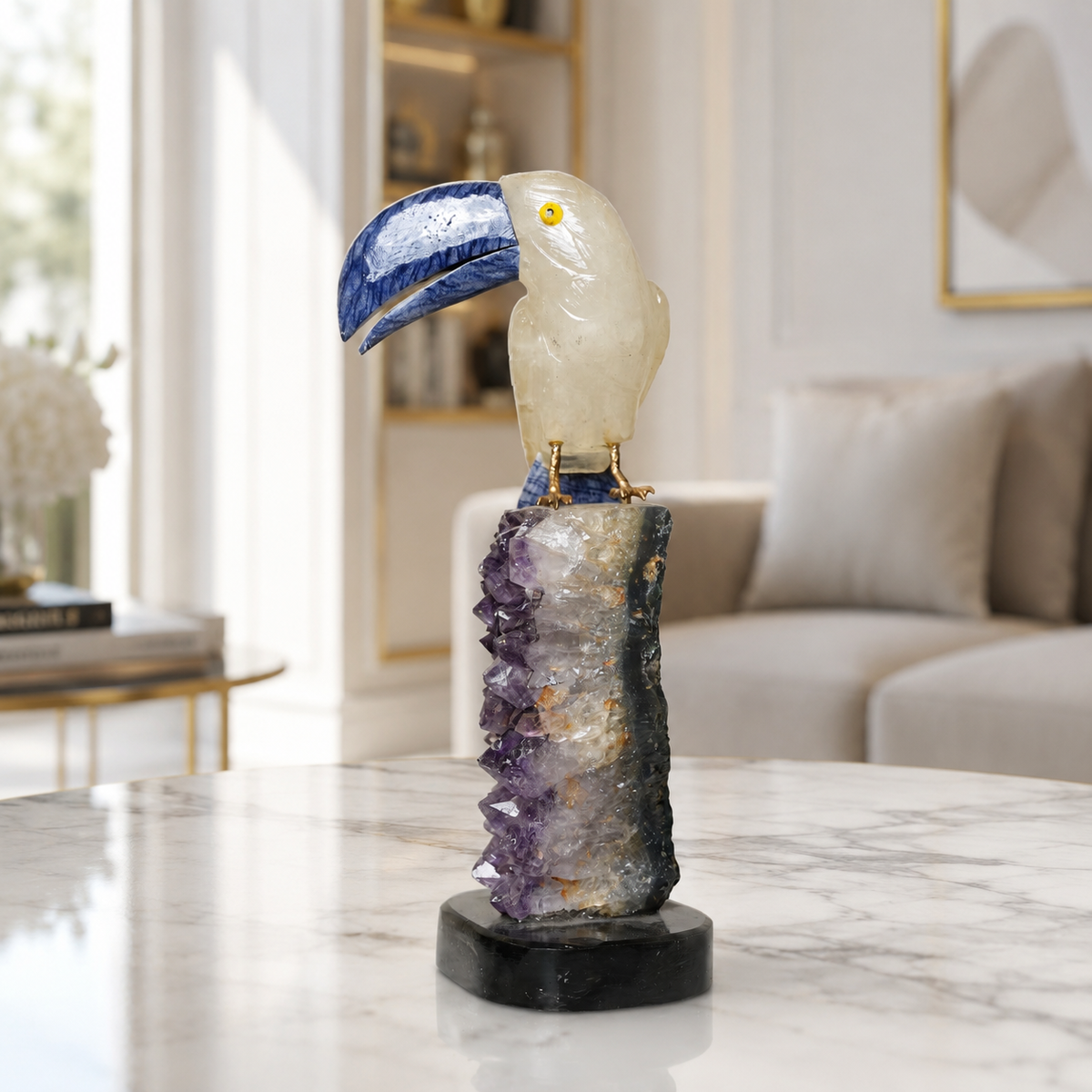 Natural Quartz & Sodalite Crystal Bird Figurine on Amethyst Cluster Base for Protection & Positivity Harmony, 9x26 cm, 1.533 kg