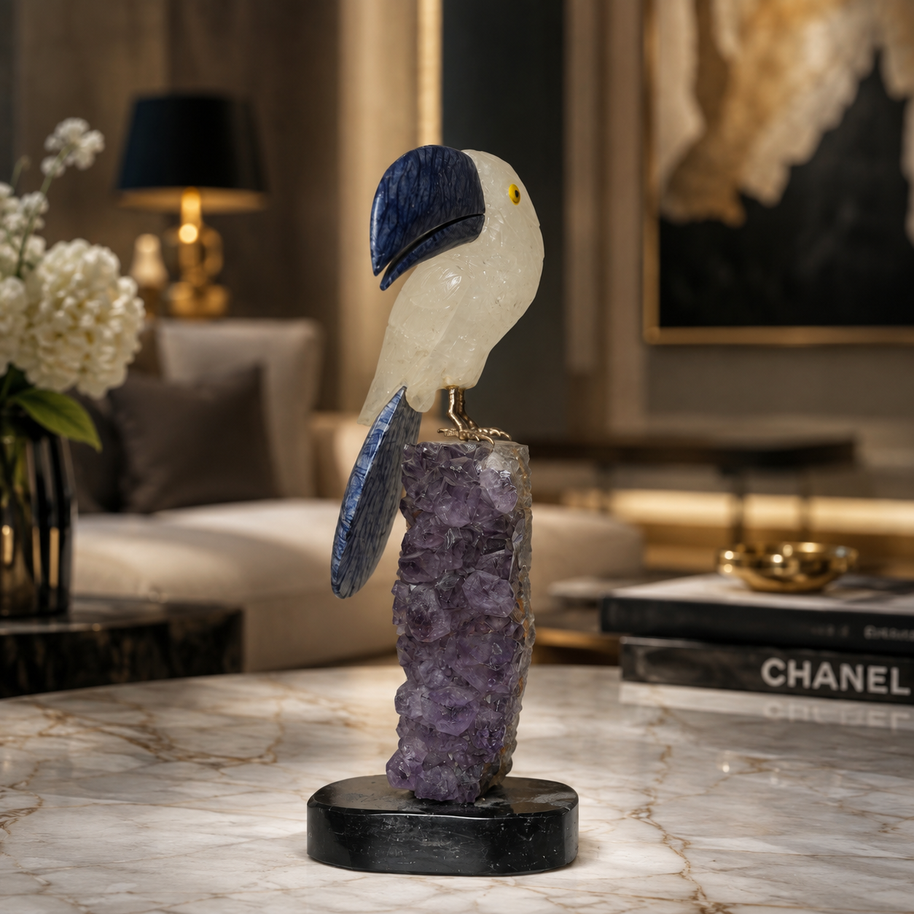 Natural Quartz & Sodalite Crystal Bird Figurine on Amethyst Cluster Base for Protection & Positivity Harmony, 9x26 cm, 1.533 kg