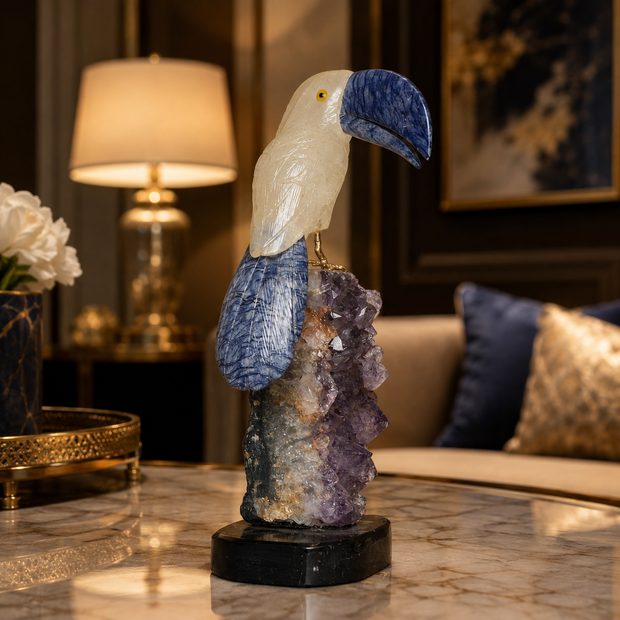 Natural Quartz & Sodalite Crystal Bird Figurine on Amethyst Cluster Base for Protection & Positivity Harmony, 9x26 cm, 1.533 kg