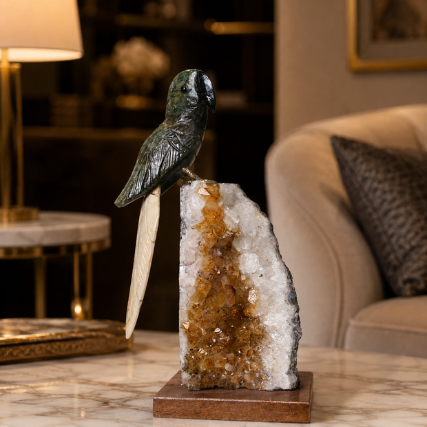 Natural Green Aventurine Crystal Bird Figurine on Citrine Cluster Base for Protection & Positivity Harmony, 10x20 cm, 1.647 kg