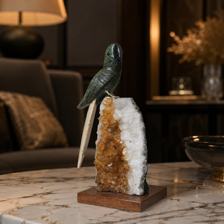 Natural Green Aventurine Crystal Bird Figurine on Citrine Cluster Base for Protection & Positivity Harmony, 10x20 cm, 1.647 kg
