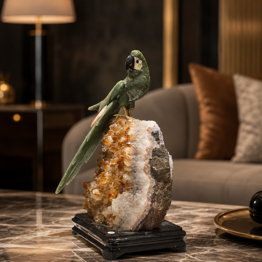Natural Green Aventurine Crystal Bird Figurine on Citrine Cluster Base for Protection & Positivity Harmony, 16x31 cm, 3.979 kg