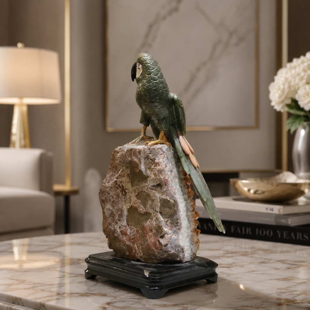Natural Green Aventurine Crystal Bird Figurine on Citrine Cluster Base for Protection & Positivity Harmony, 16x31 cm, 3.979 kg