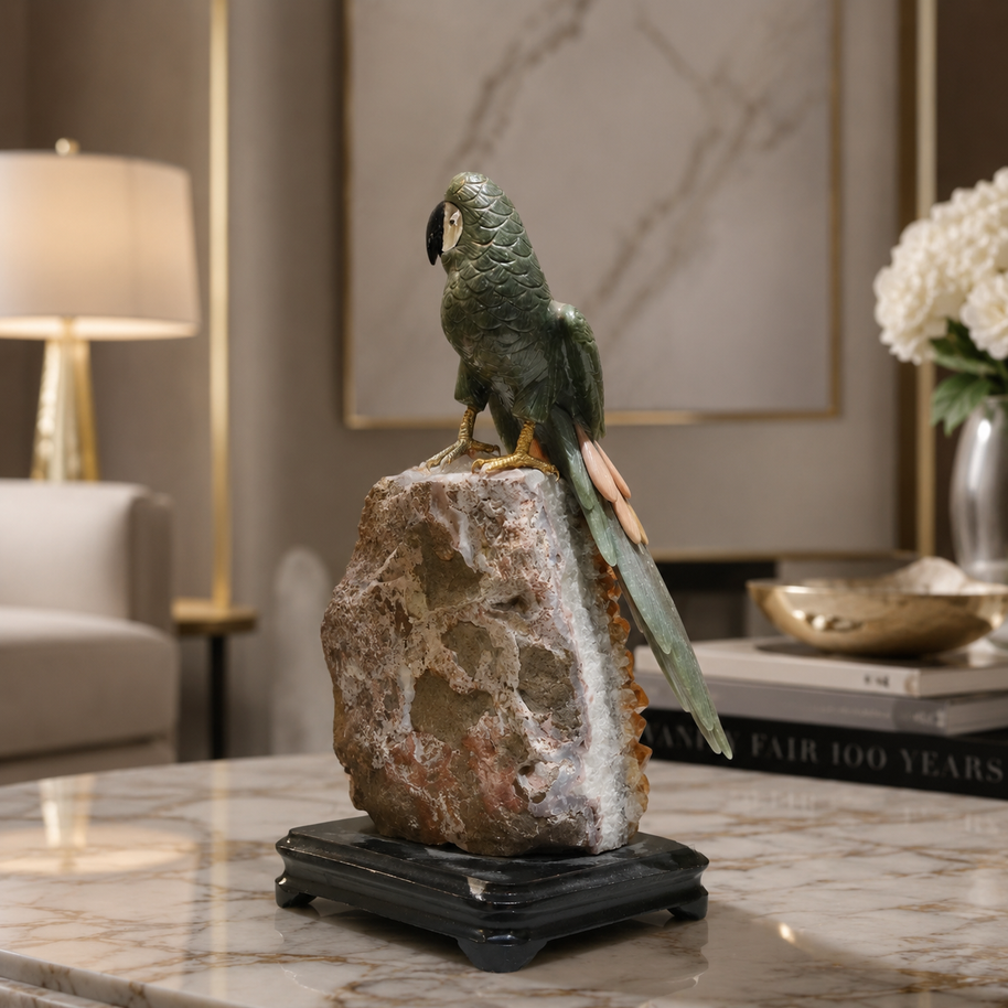Natural Green Aventurine Crystal Bird Figurine on Citrine Cluster Base for Protection & Positivity Harmony, 16x31 cm, 3.979 kg