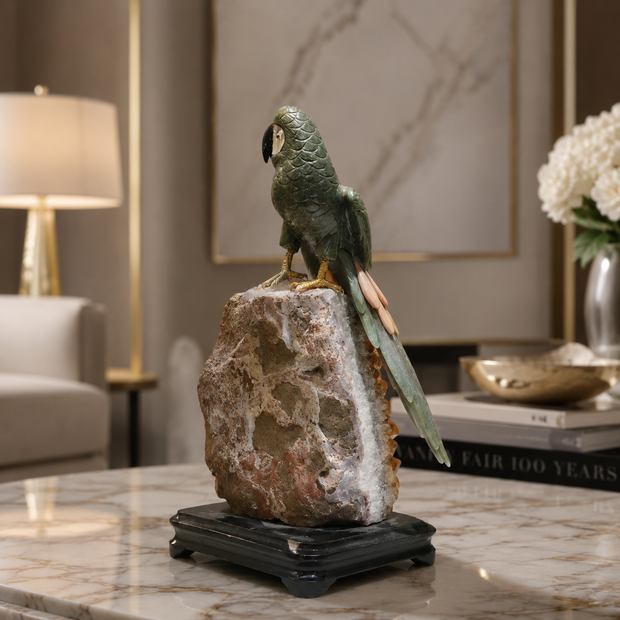 Natural Green Aventurine Crystal Bird Figurine on Citrine Cluster Base for Protection & Positivity Harmony, 16x31 cm, 3.979 kg