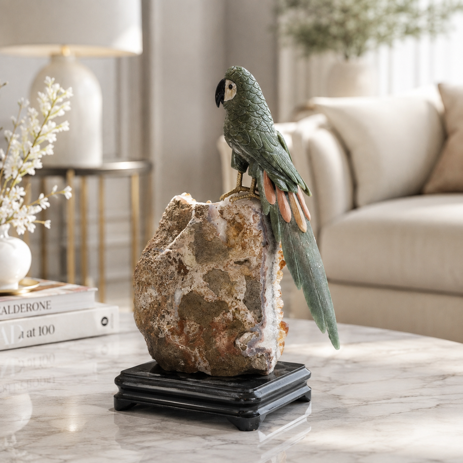 Natural Green Aventurine Crystal Bird Figurine on Citrine Cluster Base for Protection & Positivity Harmony, 16x31 cm, 3.979 kg