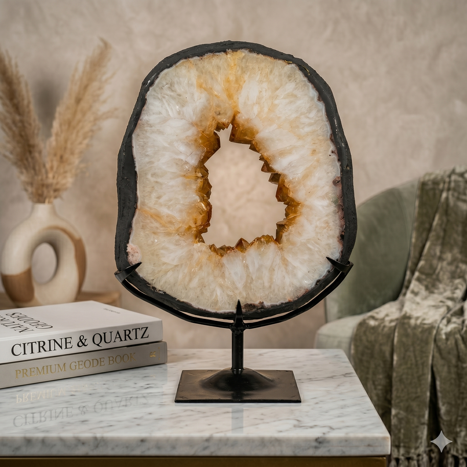 Natural Citrine Geode Ring on Custom Stand from Brazil – 13" x 9"