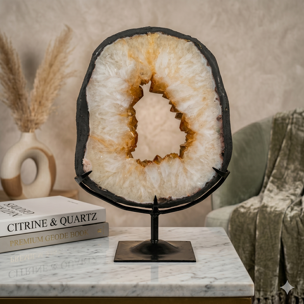 Natural Citrine Geode Ring on Custom Stand from Brazil – 13" x 9"
